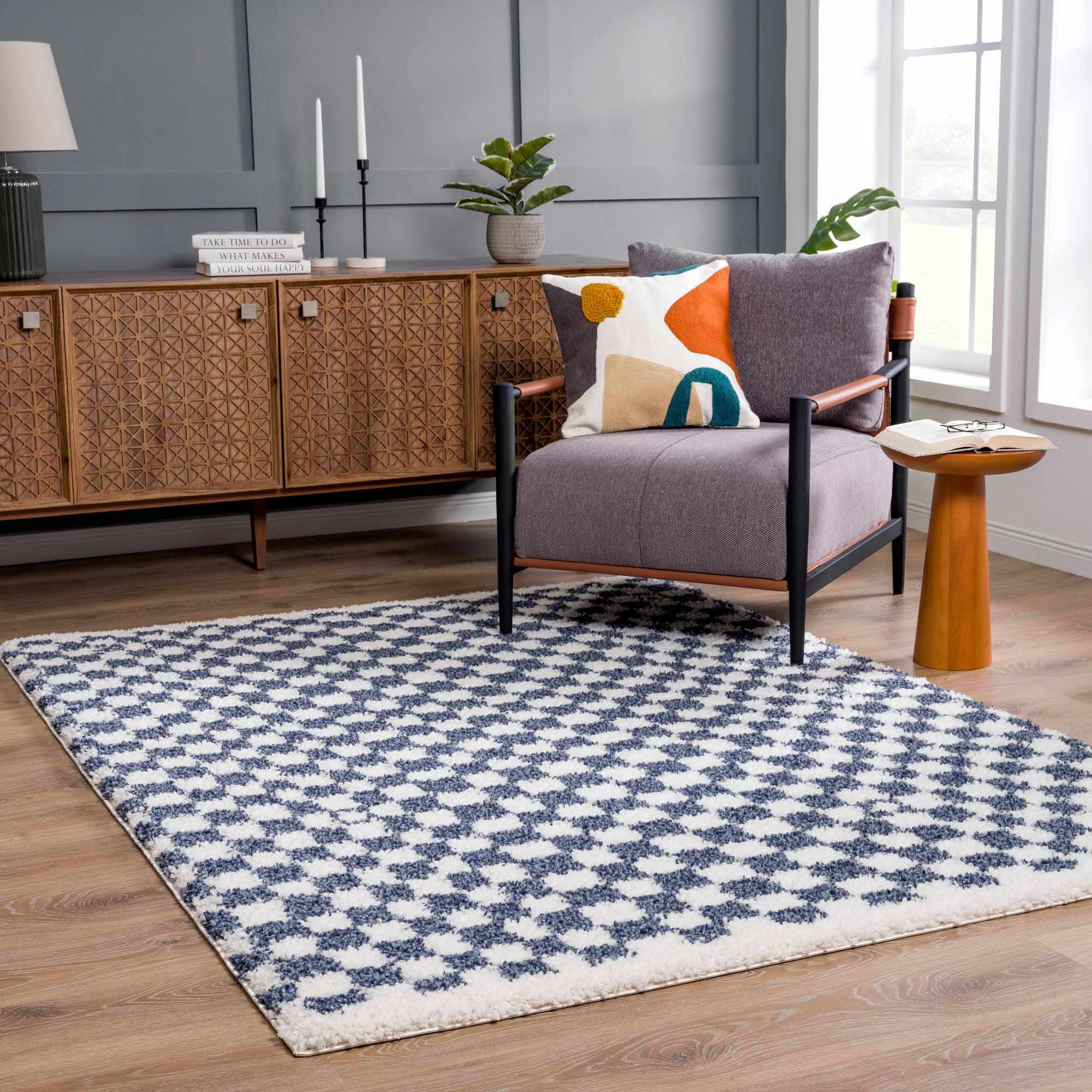 Kieu Blue & White Checkered Area Rug | Checkered Shag Rug