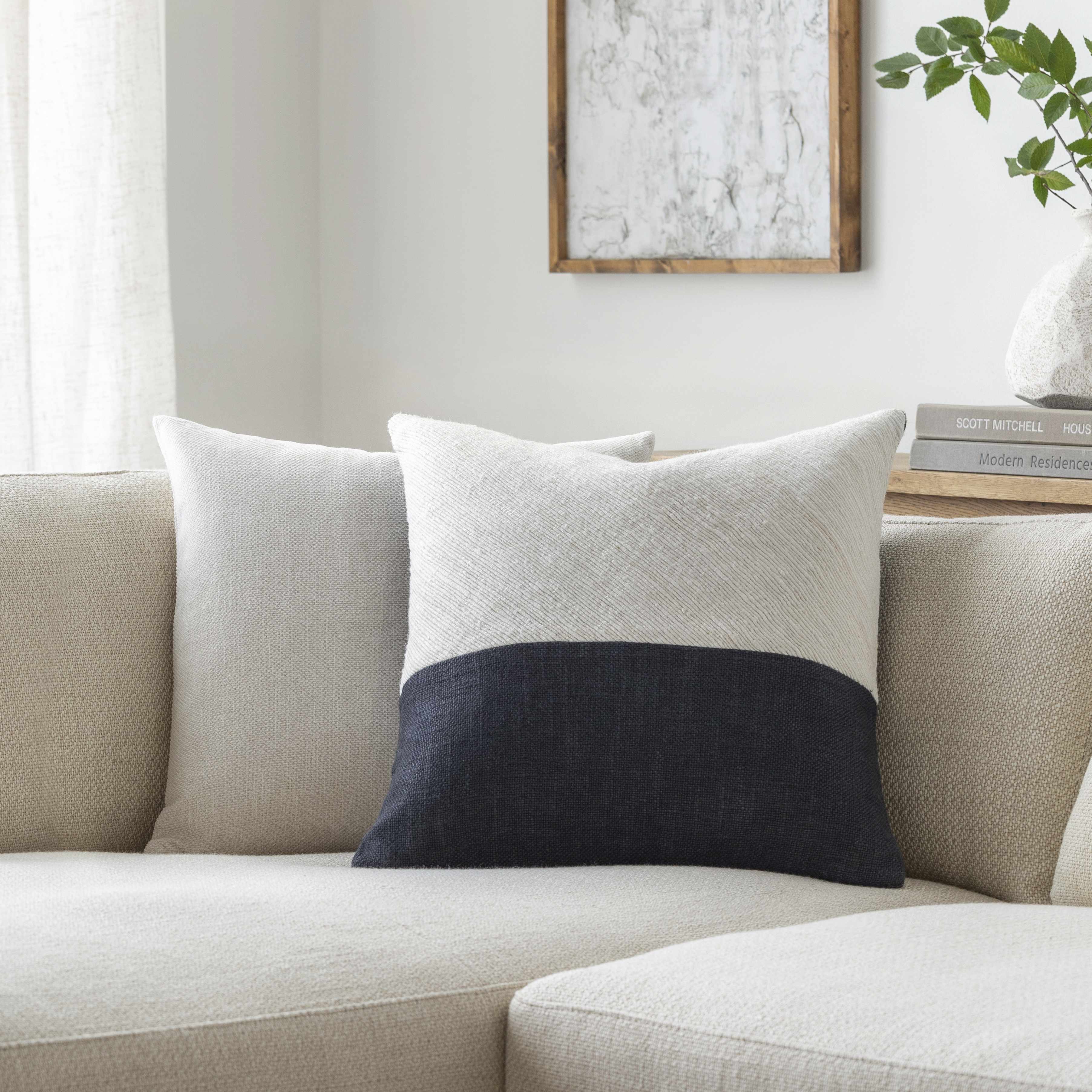 Navelle White and Navy Split Panel Mixed Pattern Modern Linen Accent Pillow - Clearance